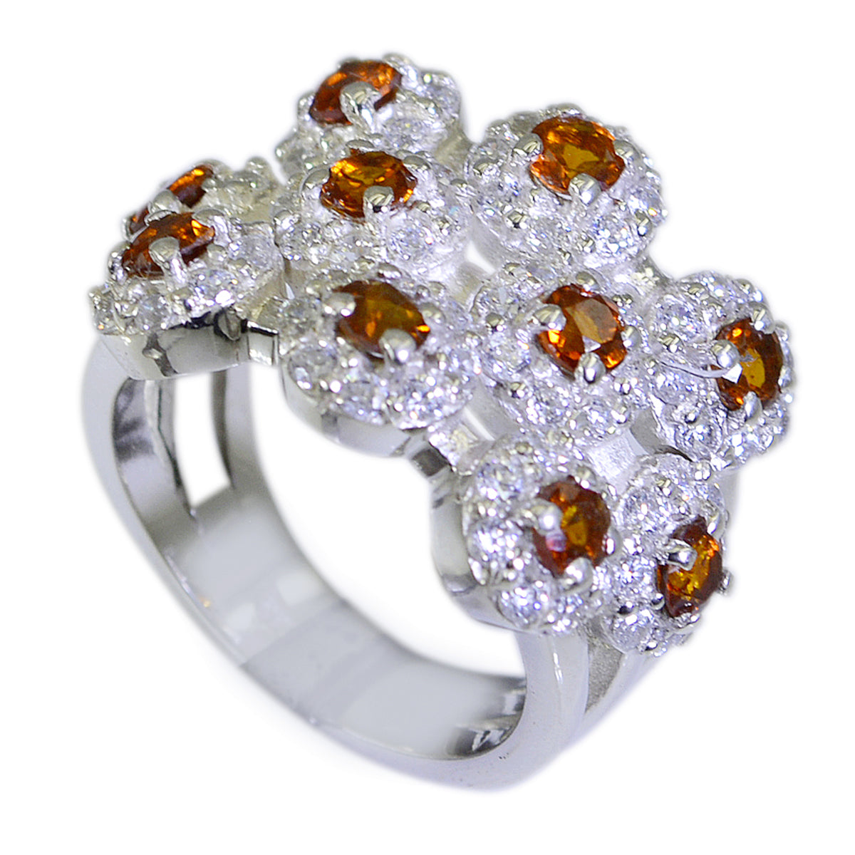 Liyana modern yellow gemstone ring featuring nine orange citrine centers with diamond halos on silver band