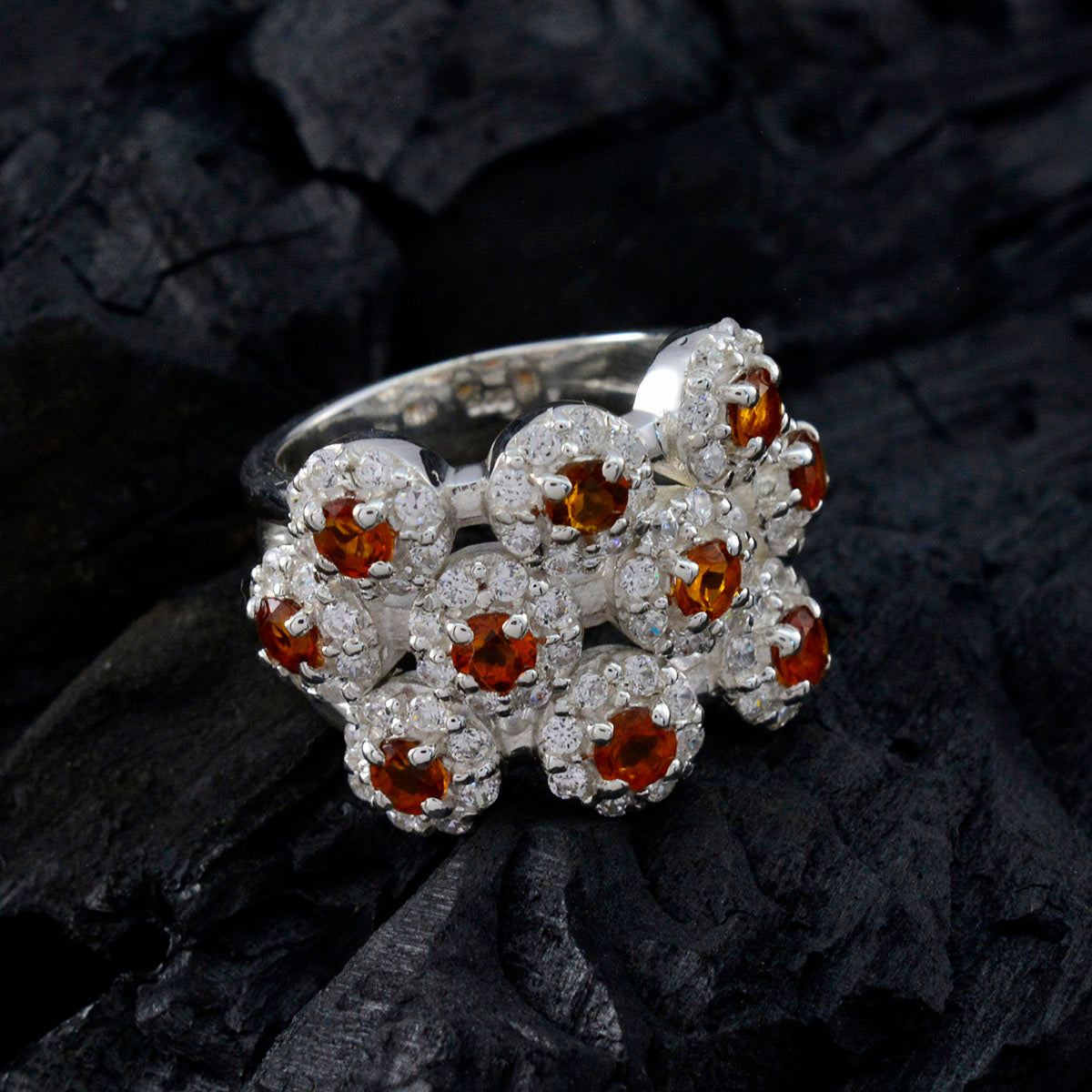Liyana silver cluster modern yellow gemstone ring with nine orange yellow stones set in halo design