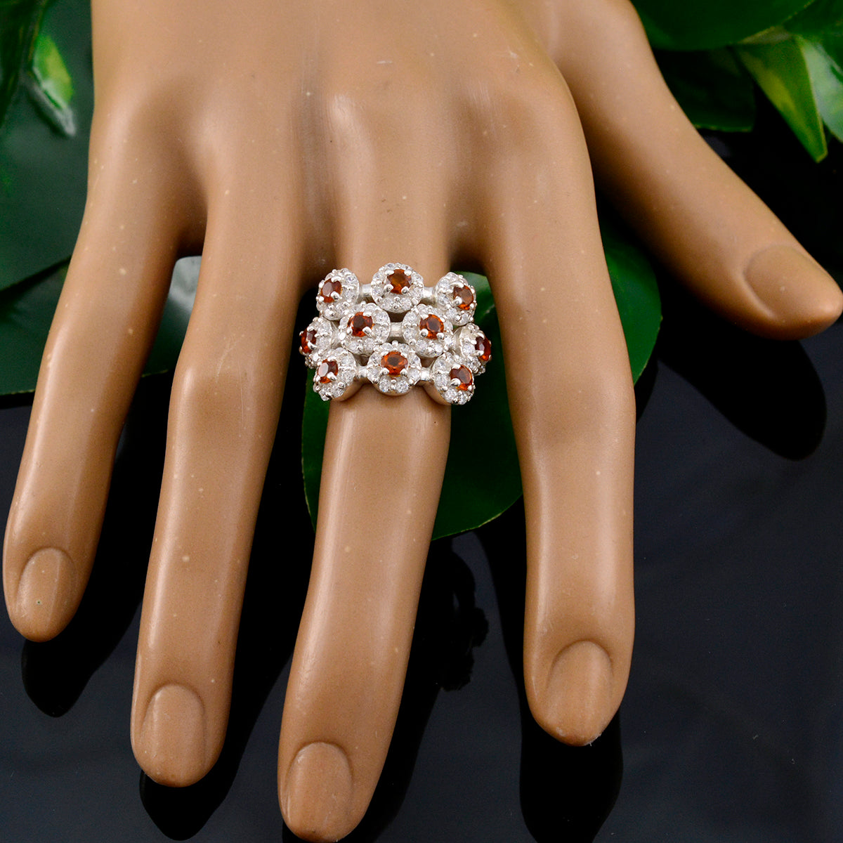 Liyana silver floral cluster modern yellow gemstone ring with sparkling citrine stones on mannequin hand