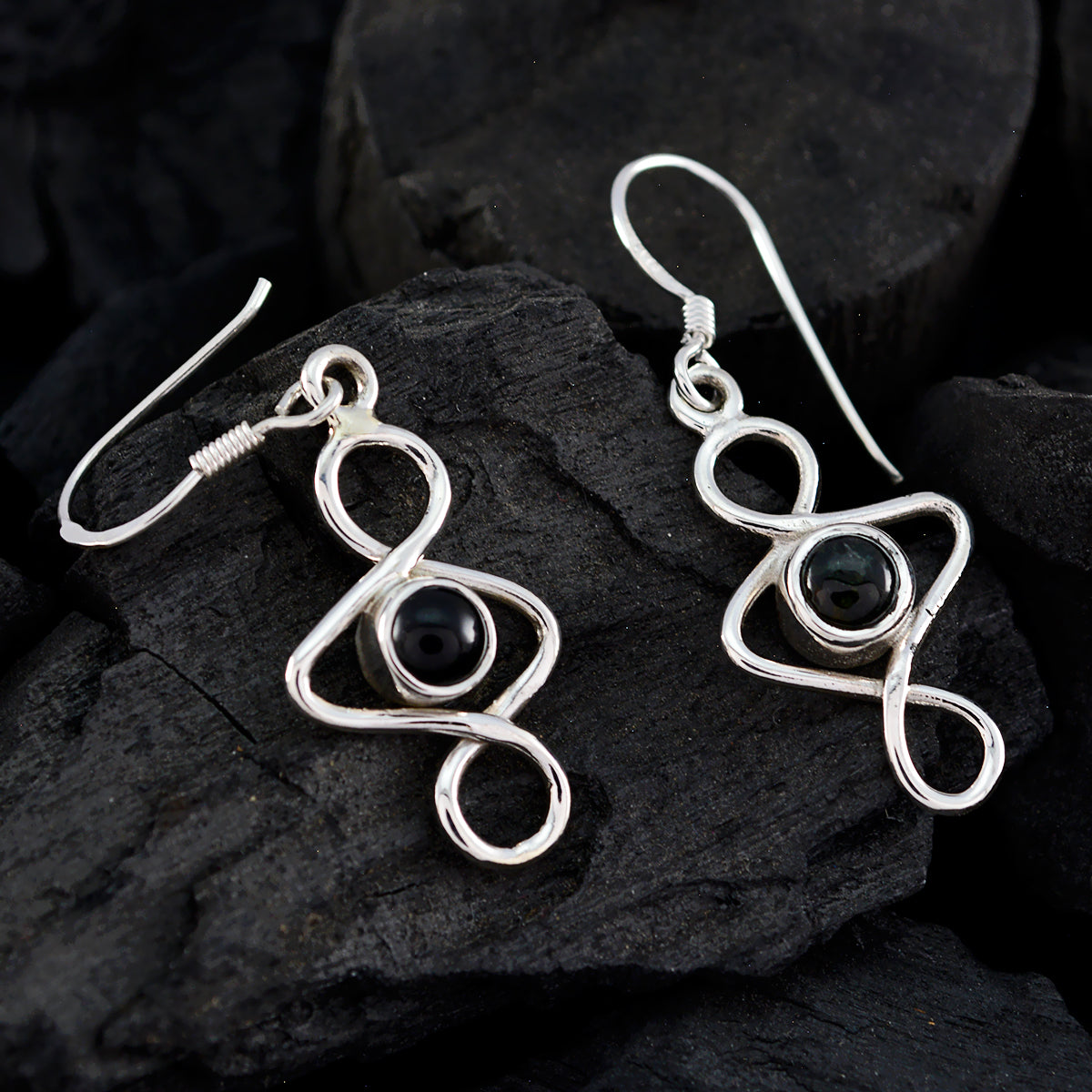 Ellie Black Solitaire Dangle Earrings in Silver