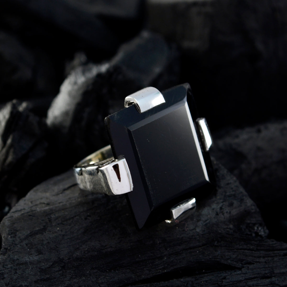 Agnes Black Solitaire Statement Ring with Silver Setting