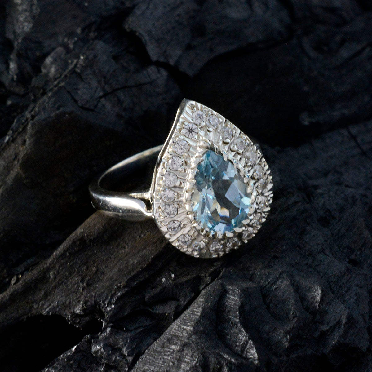 Mariana Blue Halo Gemstone Ring with Sparkling Accents