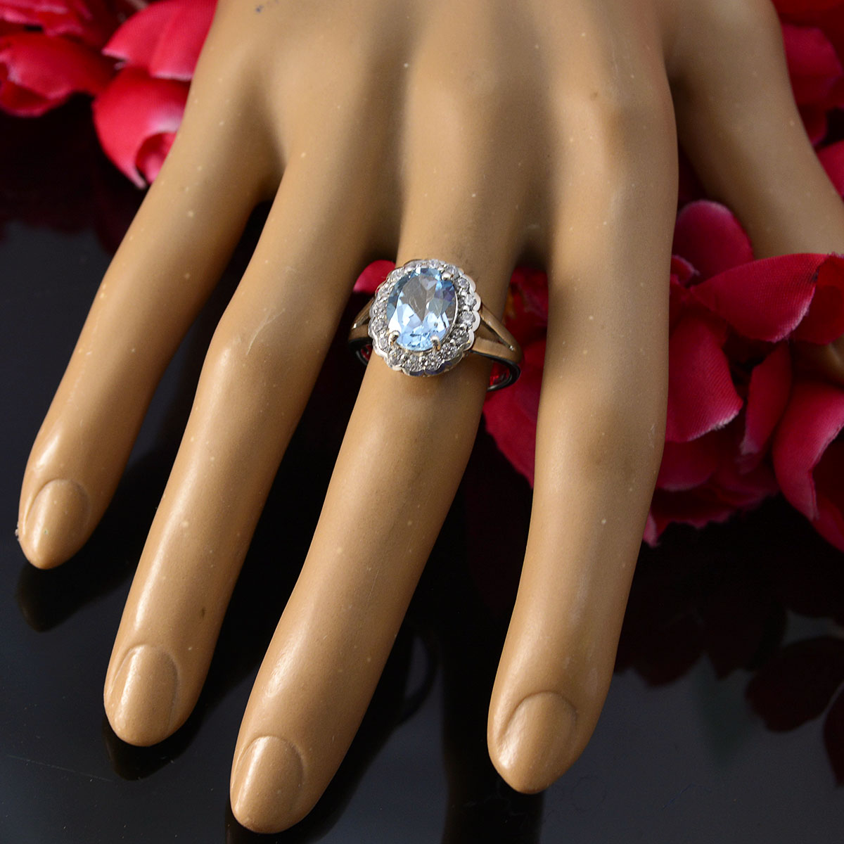 Tereza Blue Halo Gemstone Ring with Silver Band