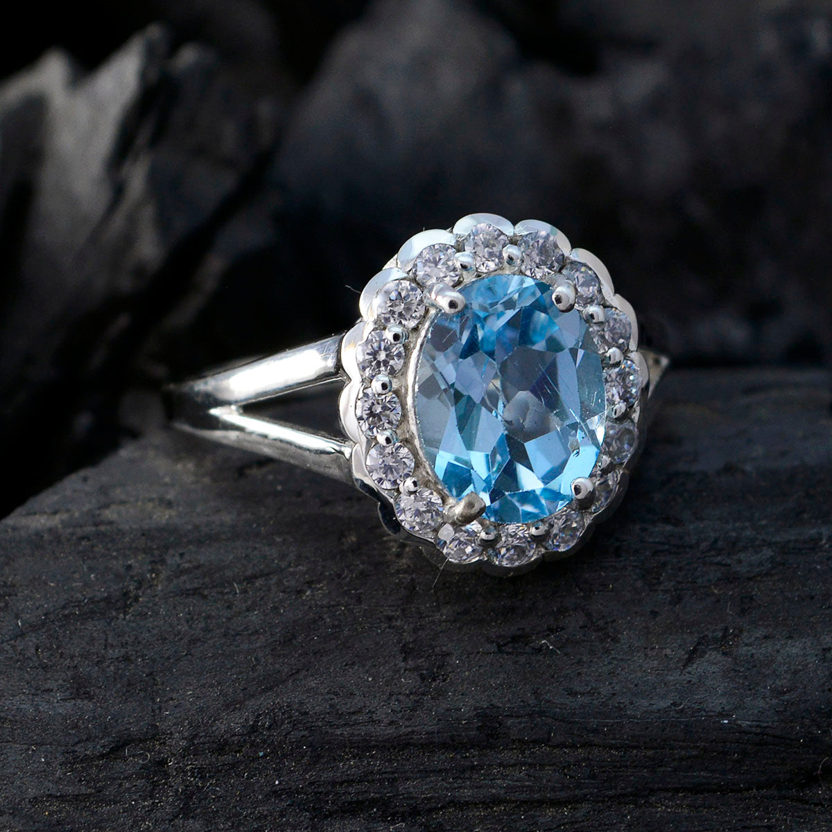 Tereza Blue Halo Gemstone Ring with Silver Band
