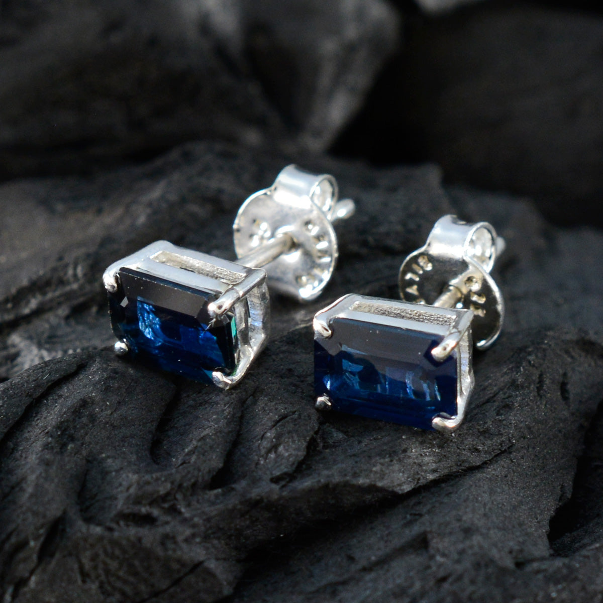 Patricia Blue Solitaire Stud Earrings with Silver Setting