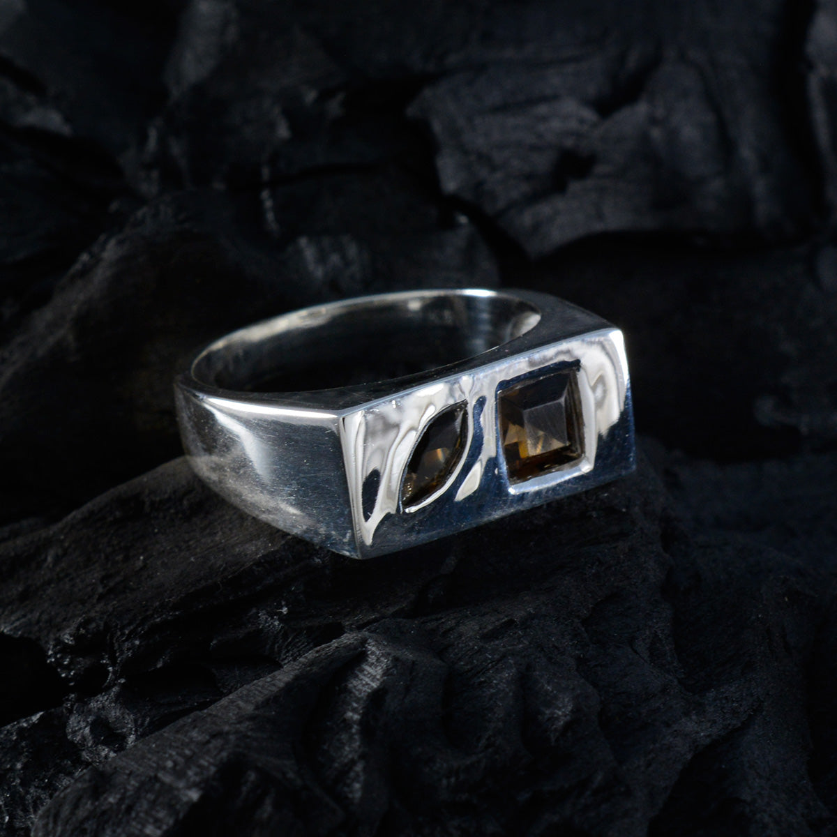 Victoria brown gemstone toi et moi ring with marquise and square stones set in silver band