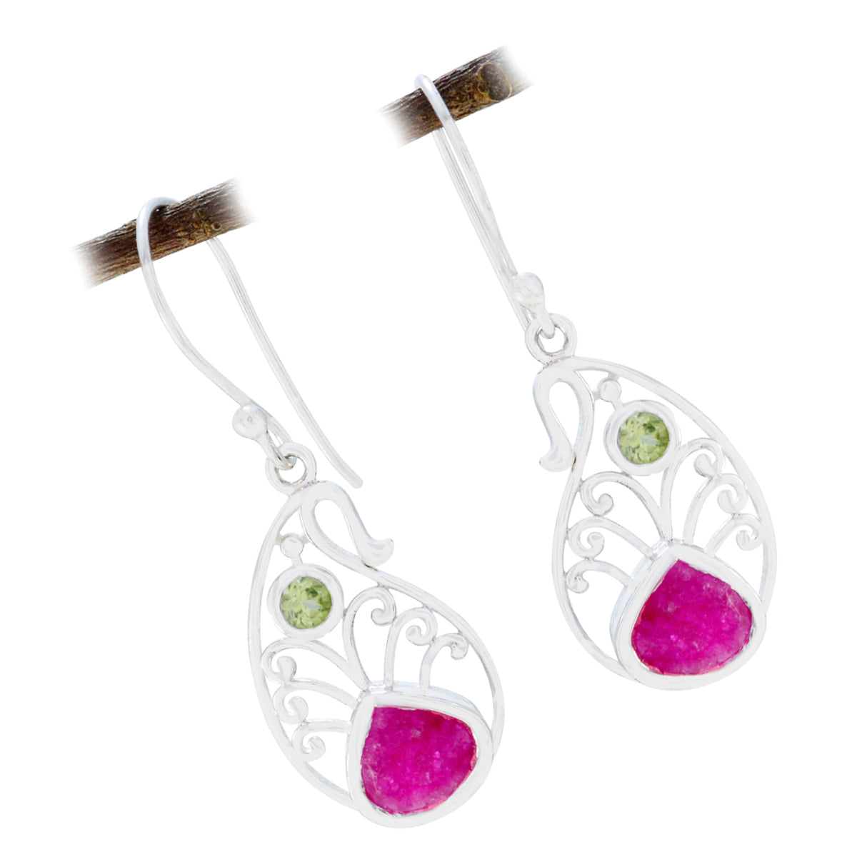 Zoey colorful party earrings with intricate silver design and pink and green stone accents