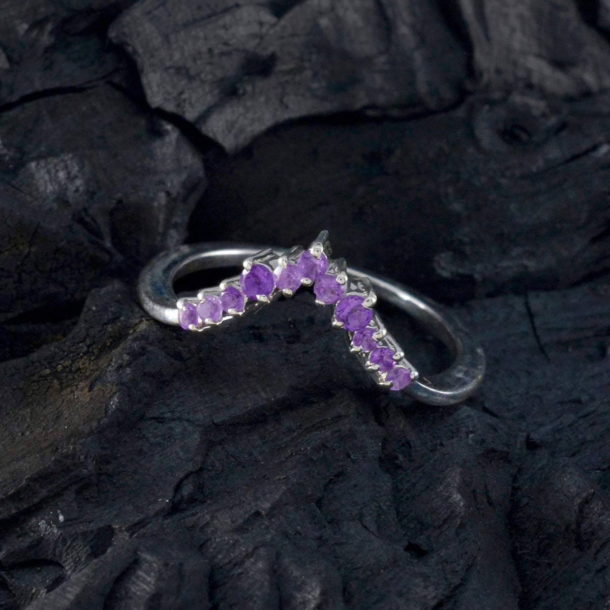 Jia purple gemstone crown ring in sterling silver V shaped band with small round purple stones