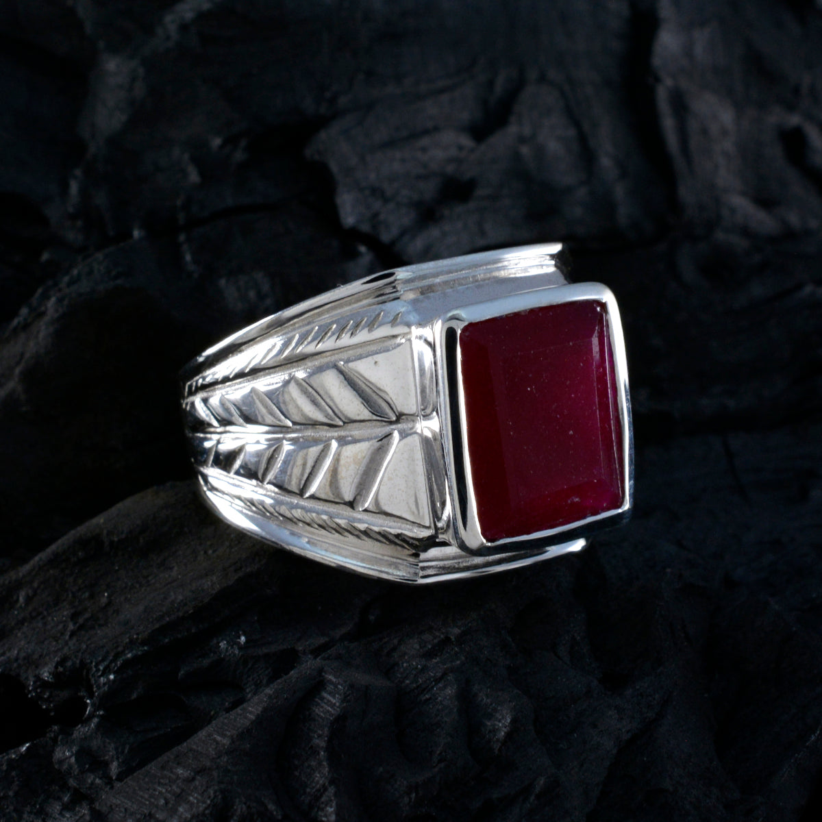 Evelyn Modern Red Solitaire Ring with Silver Band