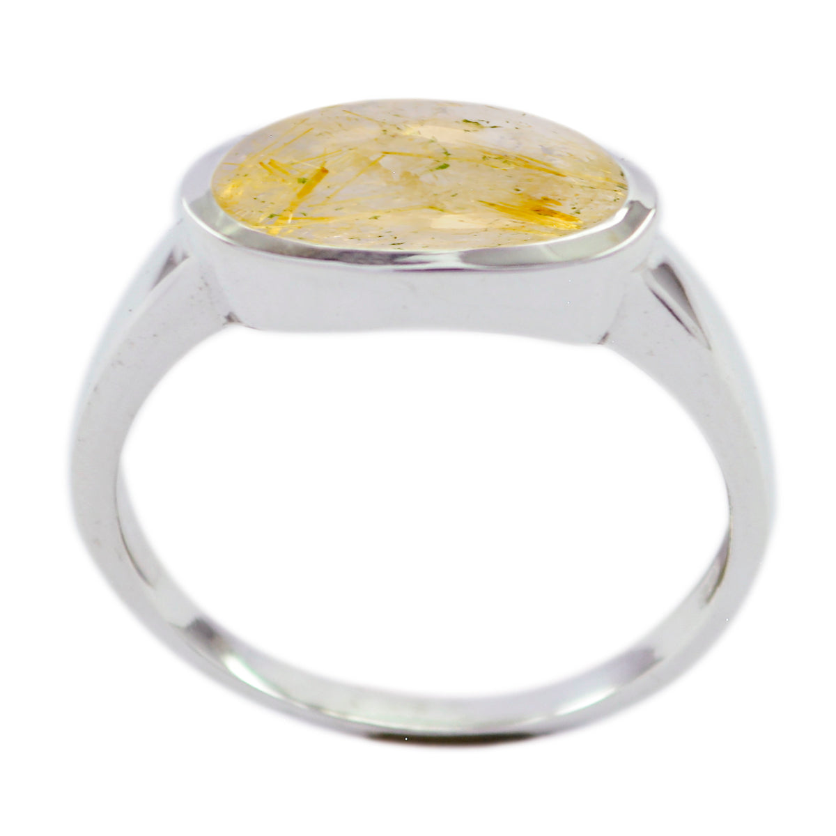 Claire modern solitaire ring for women featuring a silver band and oval yellow gemstone