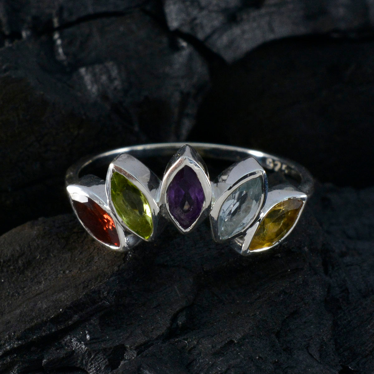 Lara multicolor gemstone crown ring with five marquise-cut stones set in silver band
