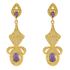 Kristine Gold-Detailed Dangle Earrings with Gemstones Amethyst Purple Stud