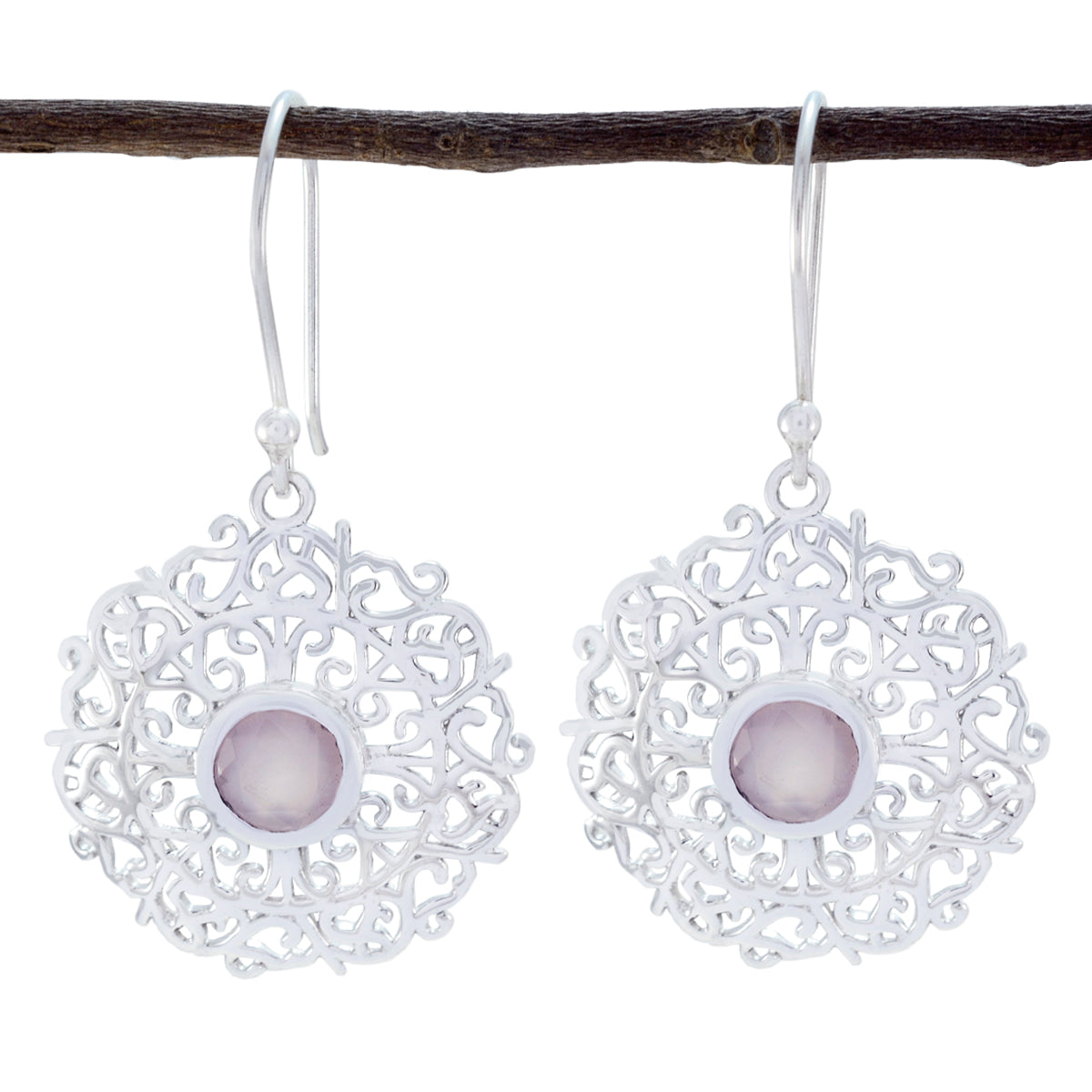 Natalie Pink Solitaire Dangle Earrings - Elegant Design Rose Quartz Pink Dangle
