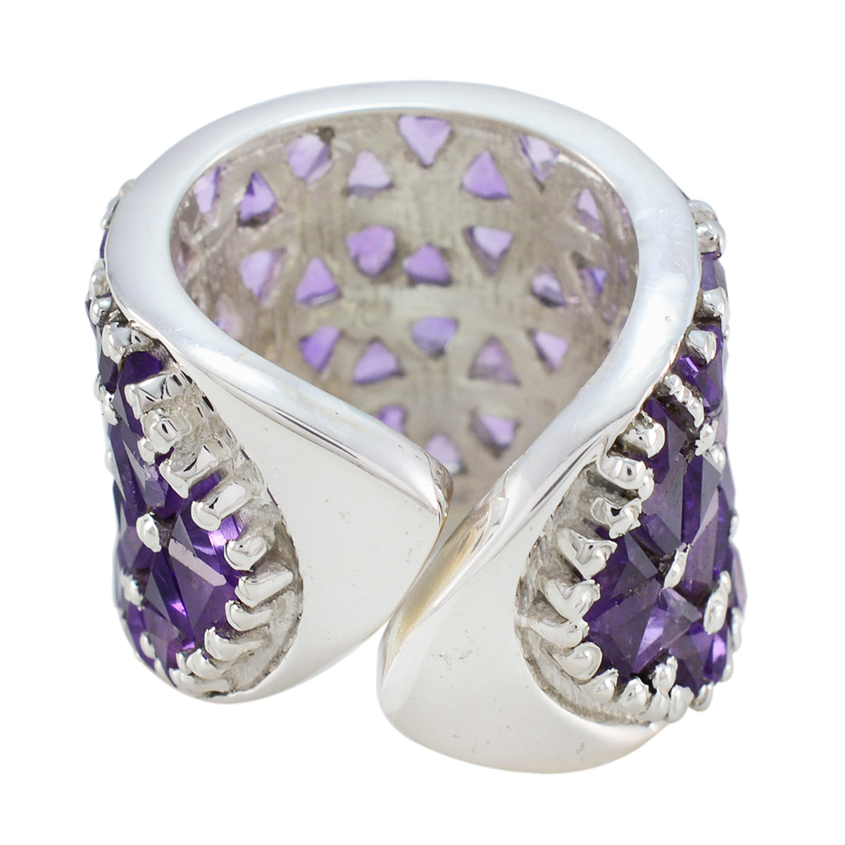 Lili silver purple gemstone ring with wide band and intricate cutout design