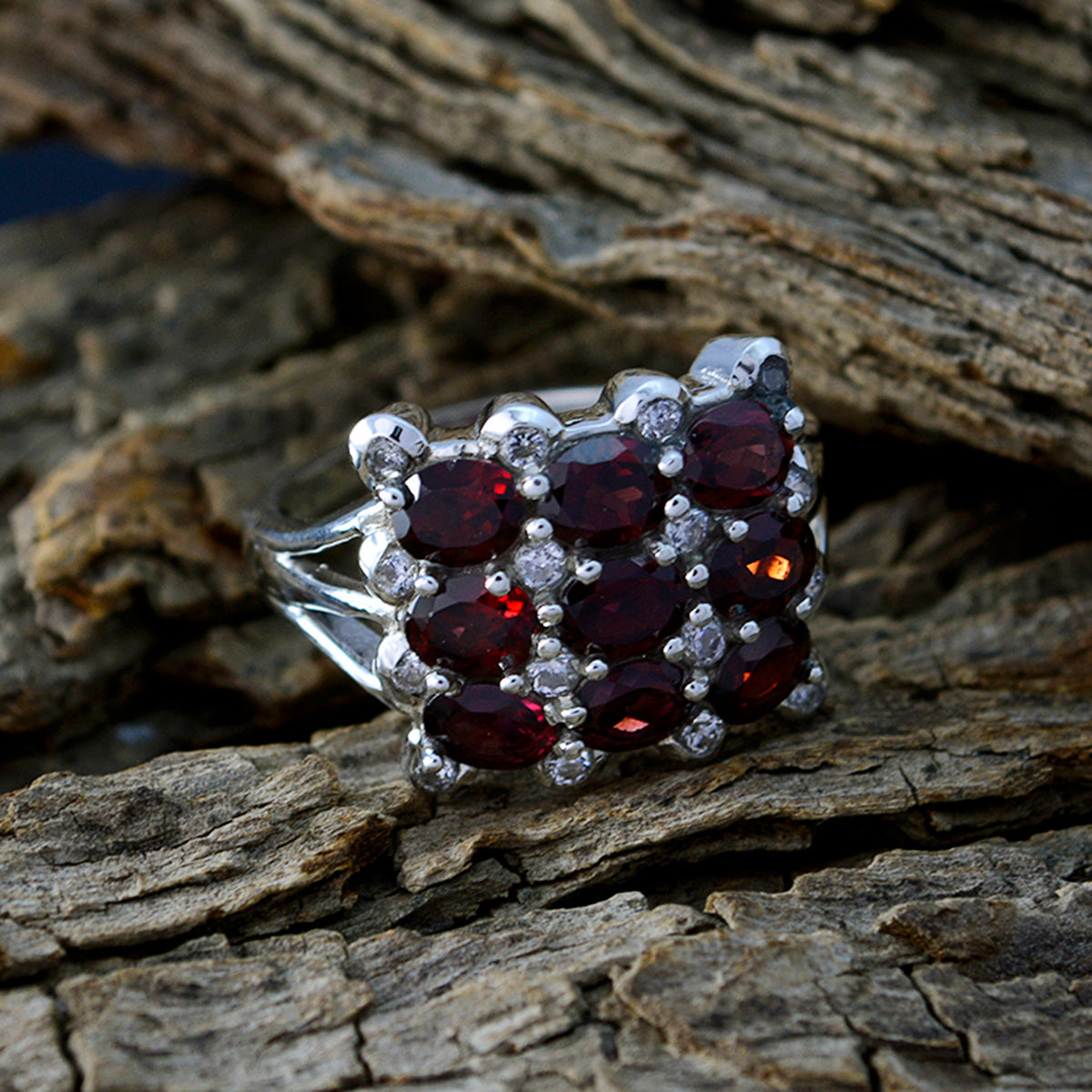 Camilla ornate silver statement red navratna ring for women with nine deep red gemstones