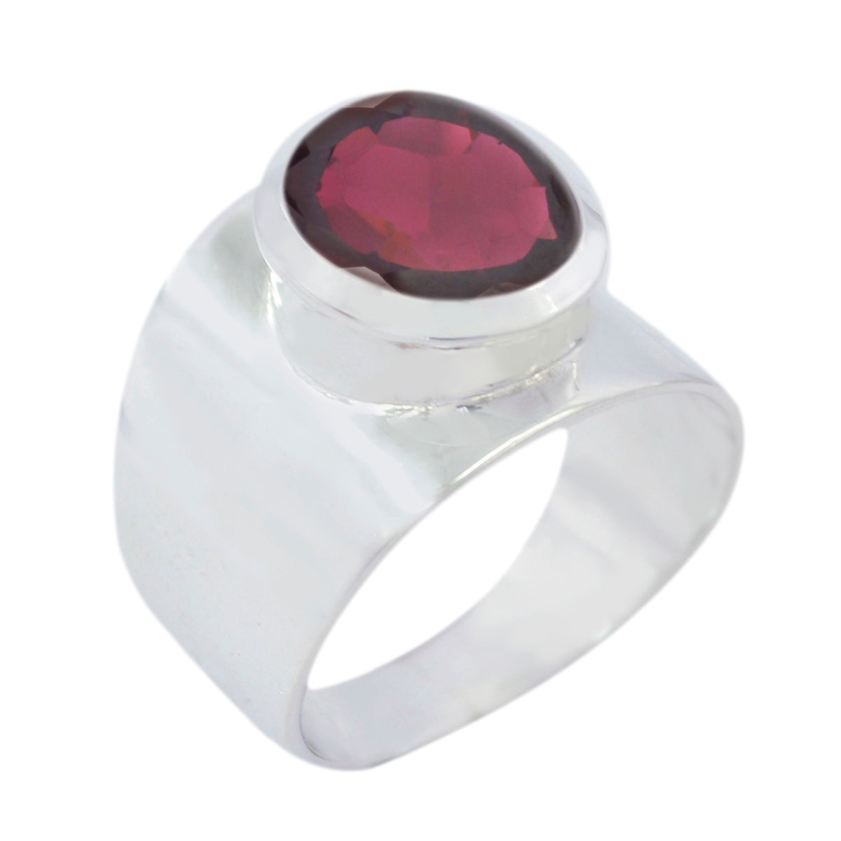Florencia red solitaire gemstone ring with a silver wide band and oval red gemstone