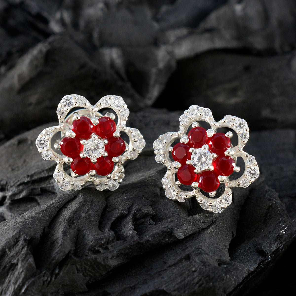 Fernanda Red Stud Earrings for Women - Floral Design