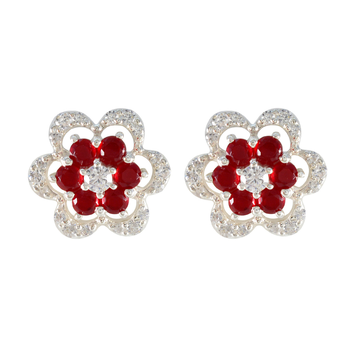 Fernanda Red Stud Earrings for Women - Floral Design Ruby CZ Red Stud