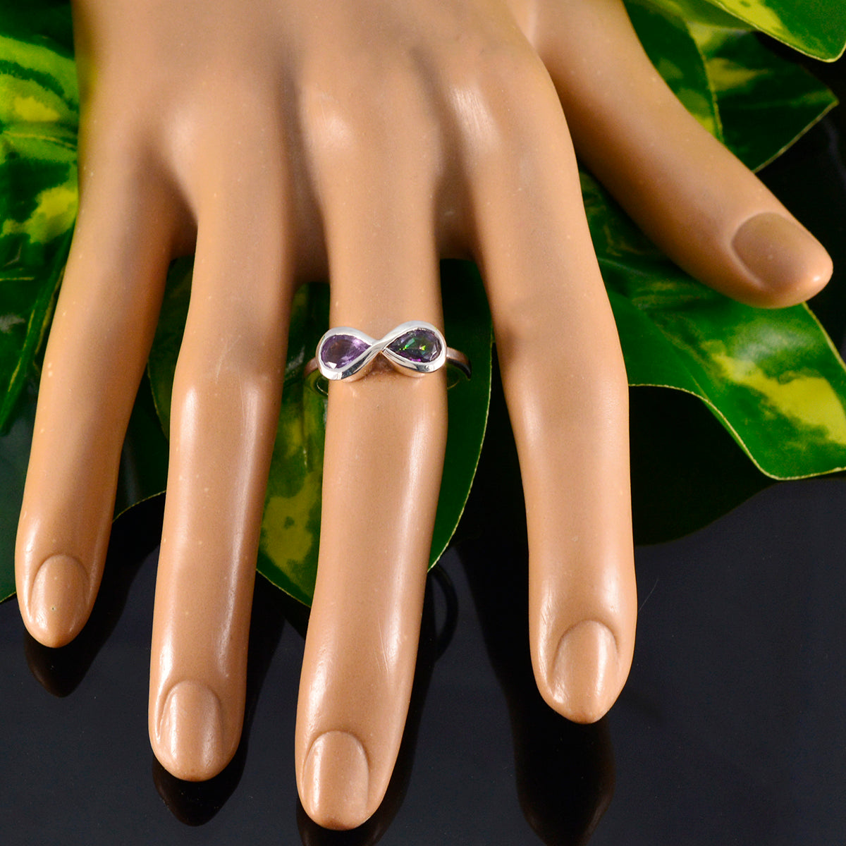 Ji-eun abstract multicolor toi et moi ring with dual oval stones worn on display hand