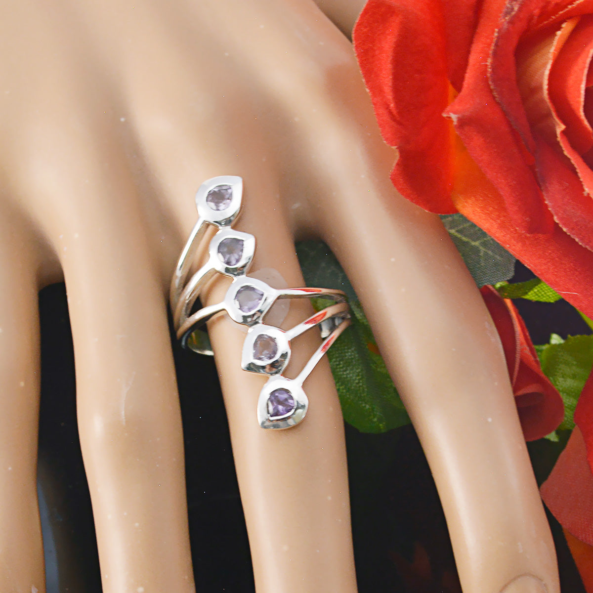 Tereza abstract purple gemstone ring multi band silver setting with five small teardrop stones