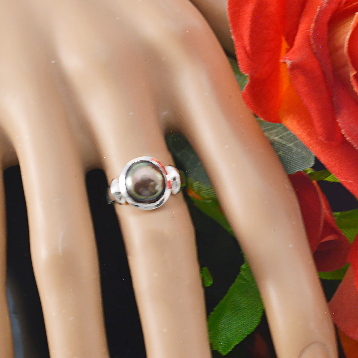 Andrea Gemstone Ring with Black Pearl Silver Design