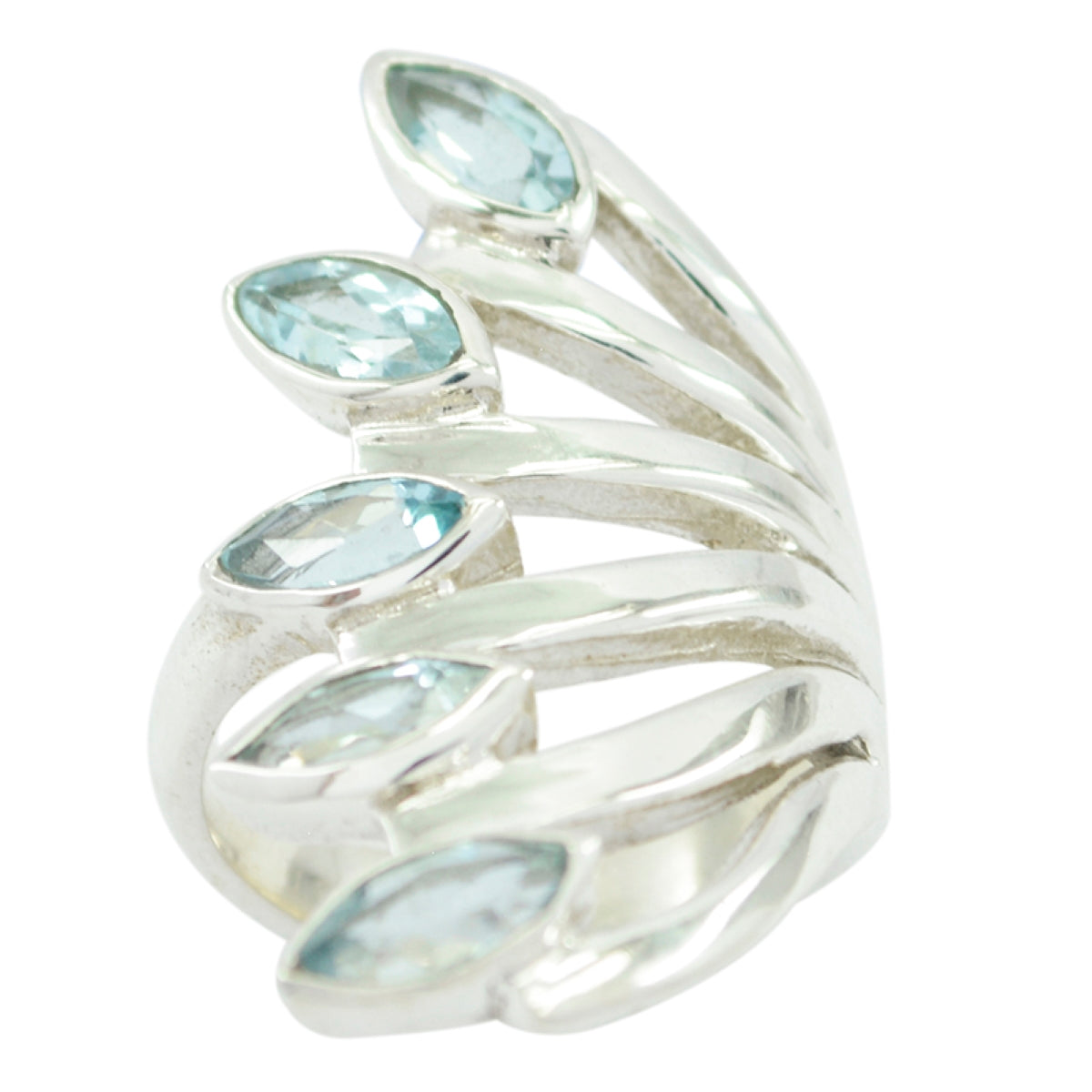 Freya sterling silver ring with five marquise light blue stones in fan design antique blue gemstone ring