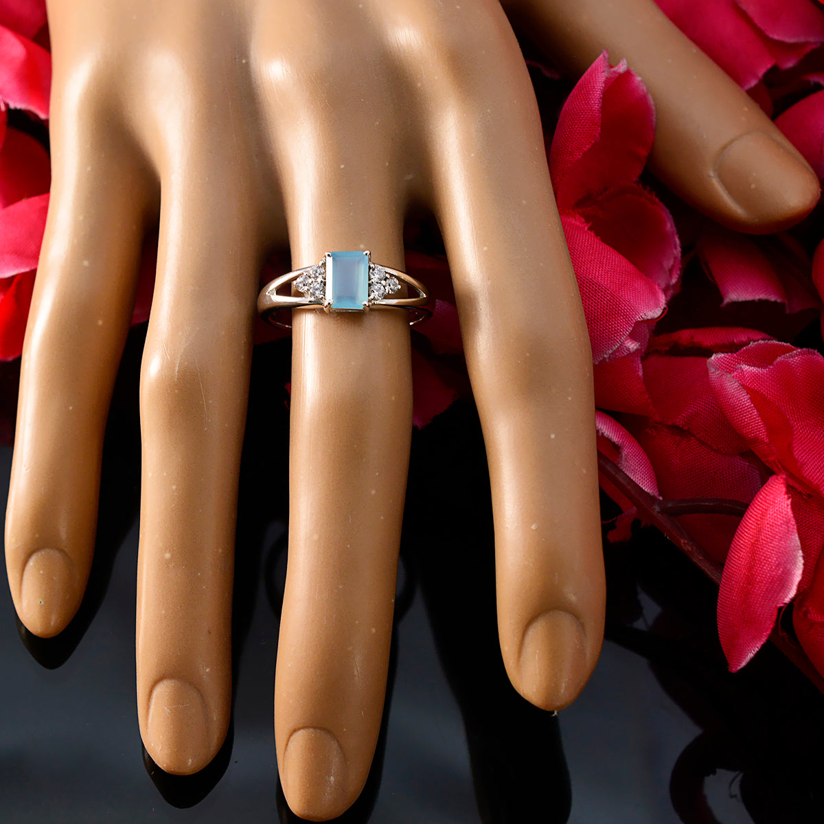 Autumn Aqua Halo Gemstone Ring with Silver Band