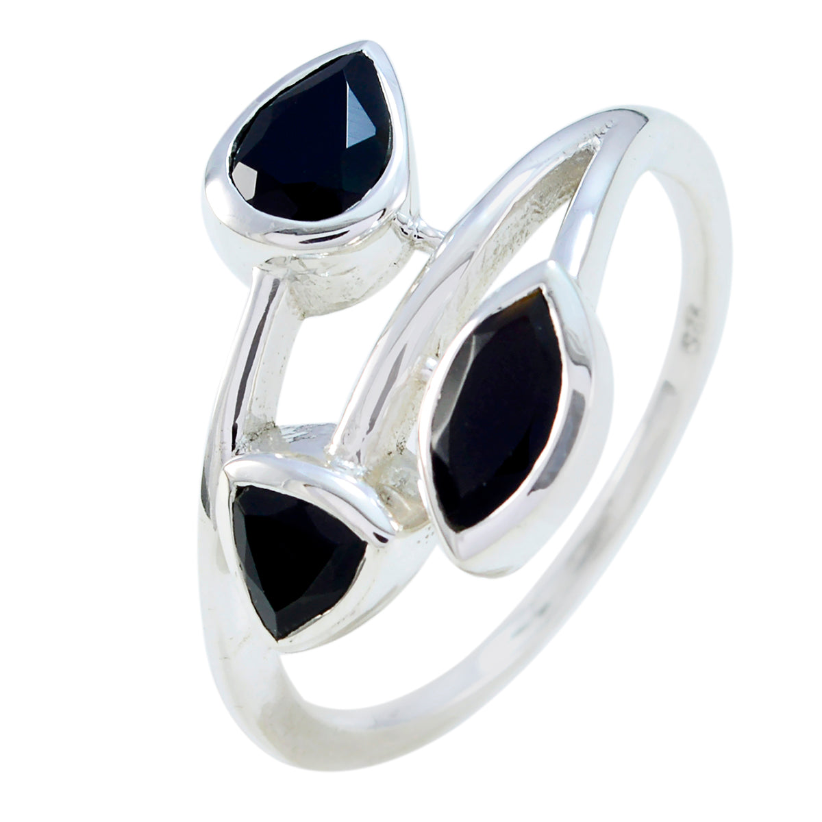 Nia black gemstone trilogy ring in sterling silver with three pear shaped black stones
