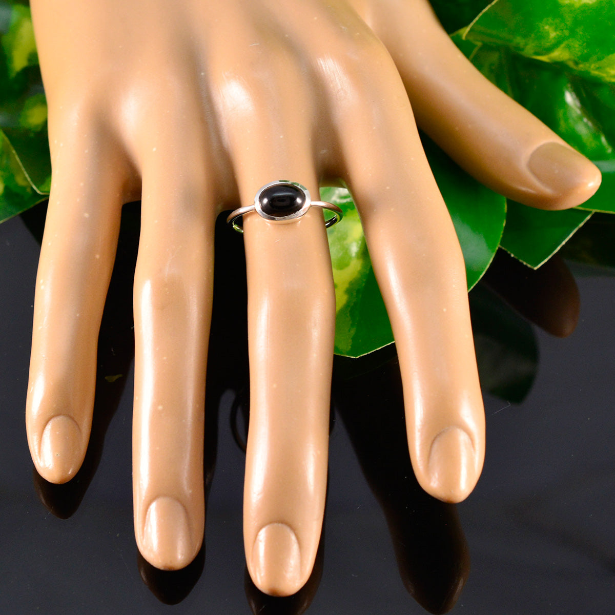 Nari Black Solitaire Ring India with Silver Band