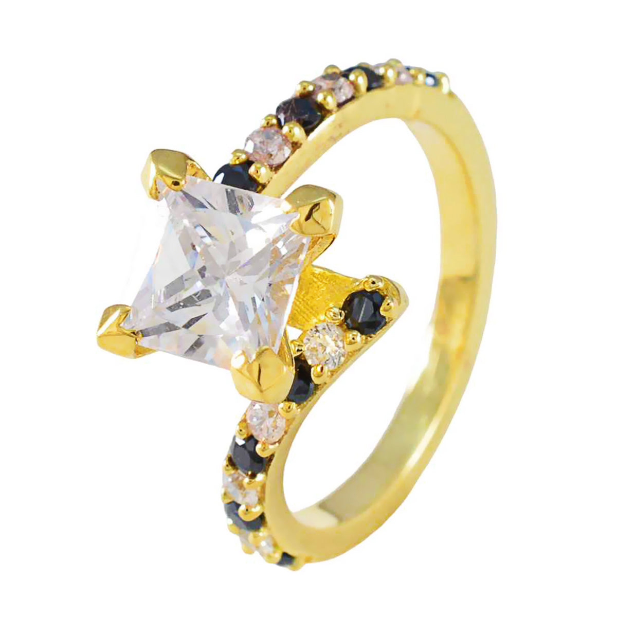 Ines gold ring with square clear center stone and black and peach accents blue halo ring for women