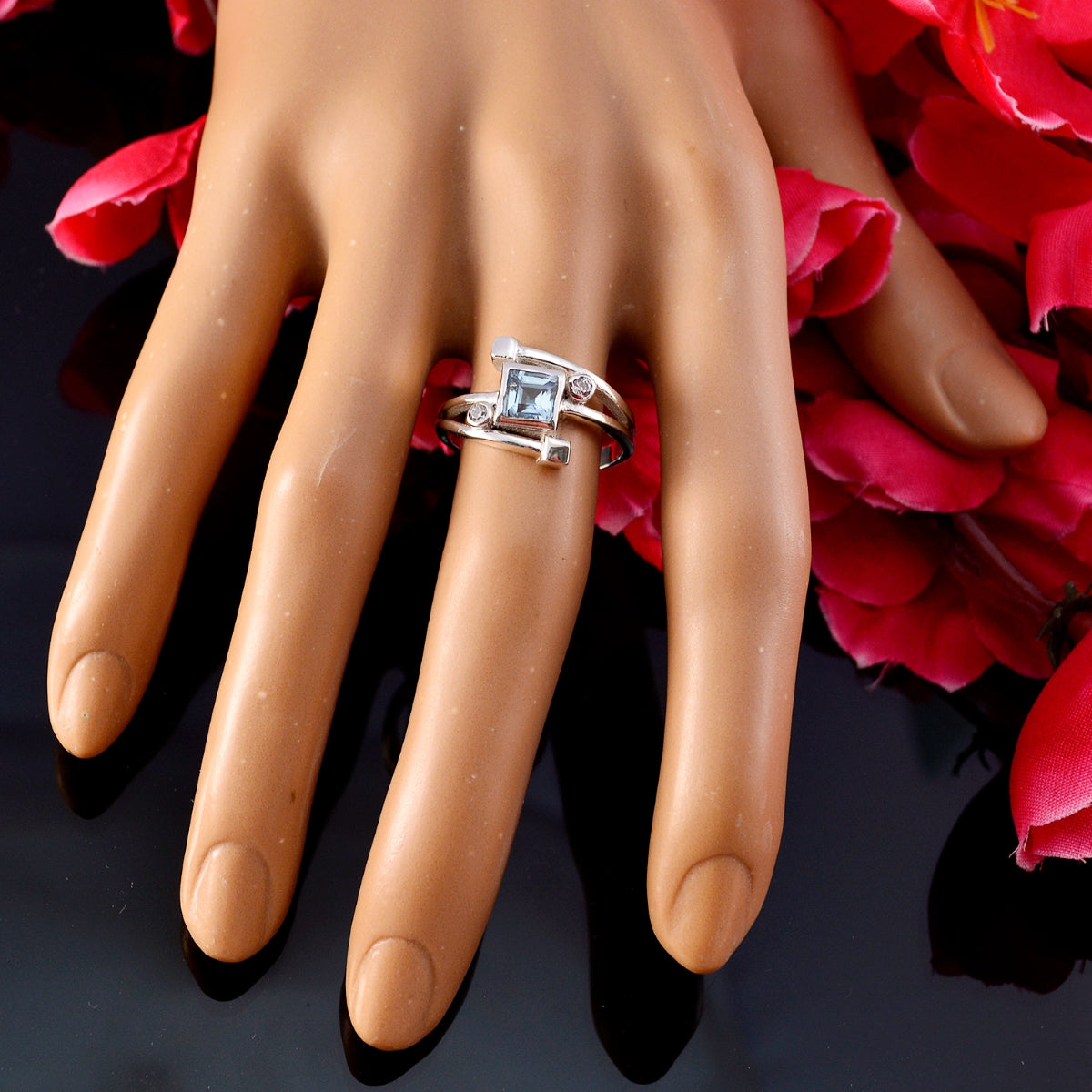 Ananya Blue Halo Ring with Square Gemstone Accent
