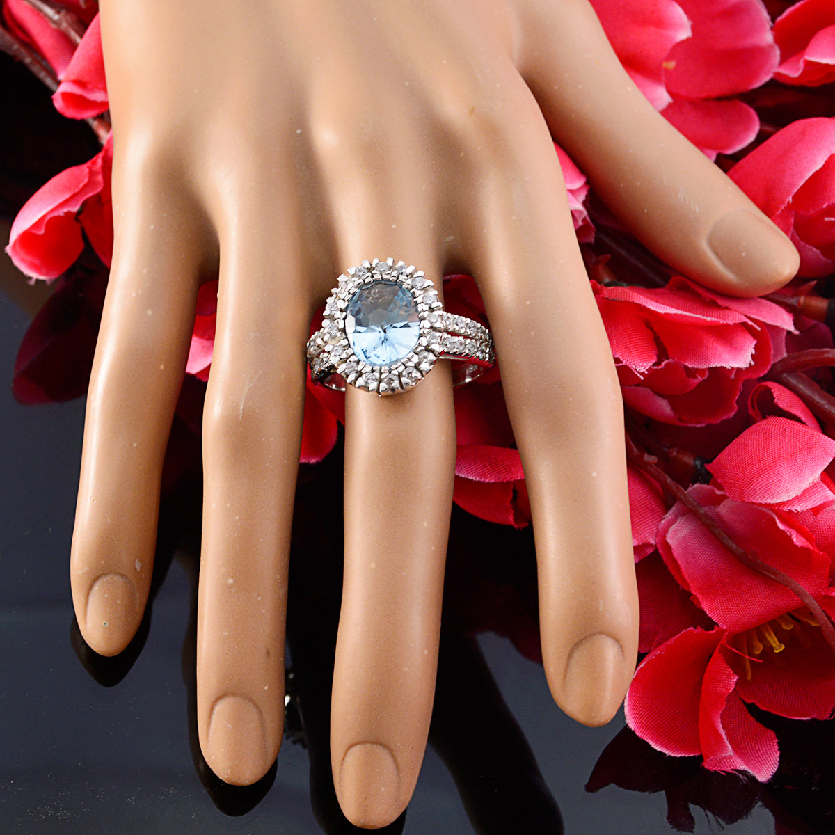 Ava Blue Halo Ring with Sparkling Gemstone Accents