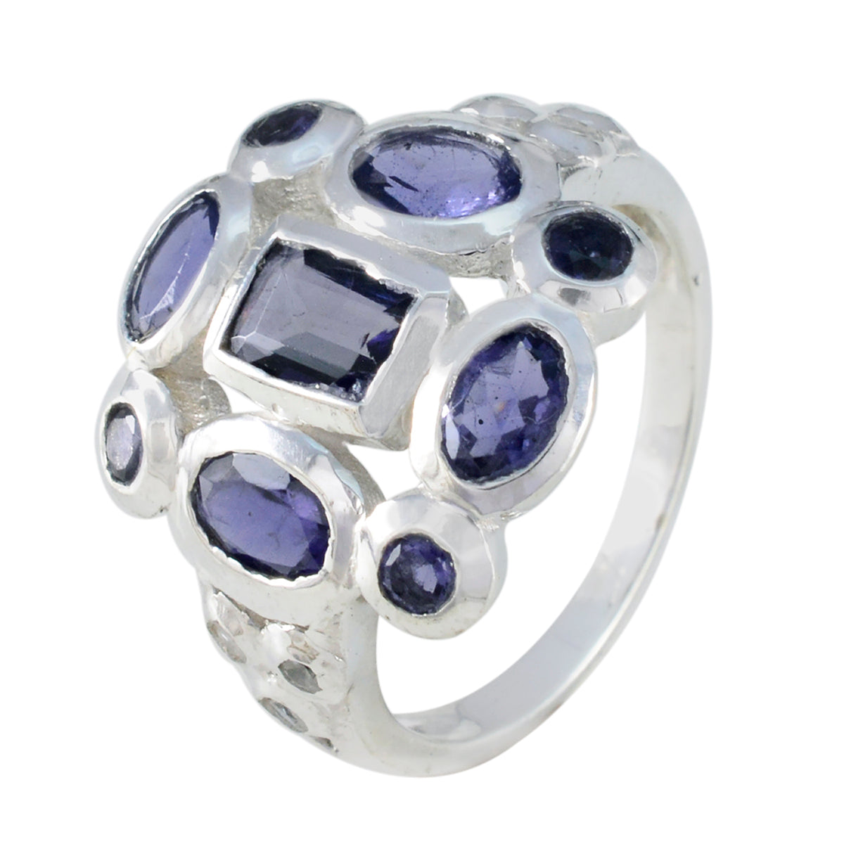 Emma blue navratna ring in sterling silver with central square and multiple oval blue gemstones