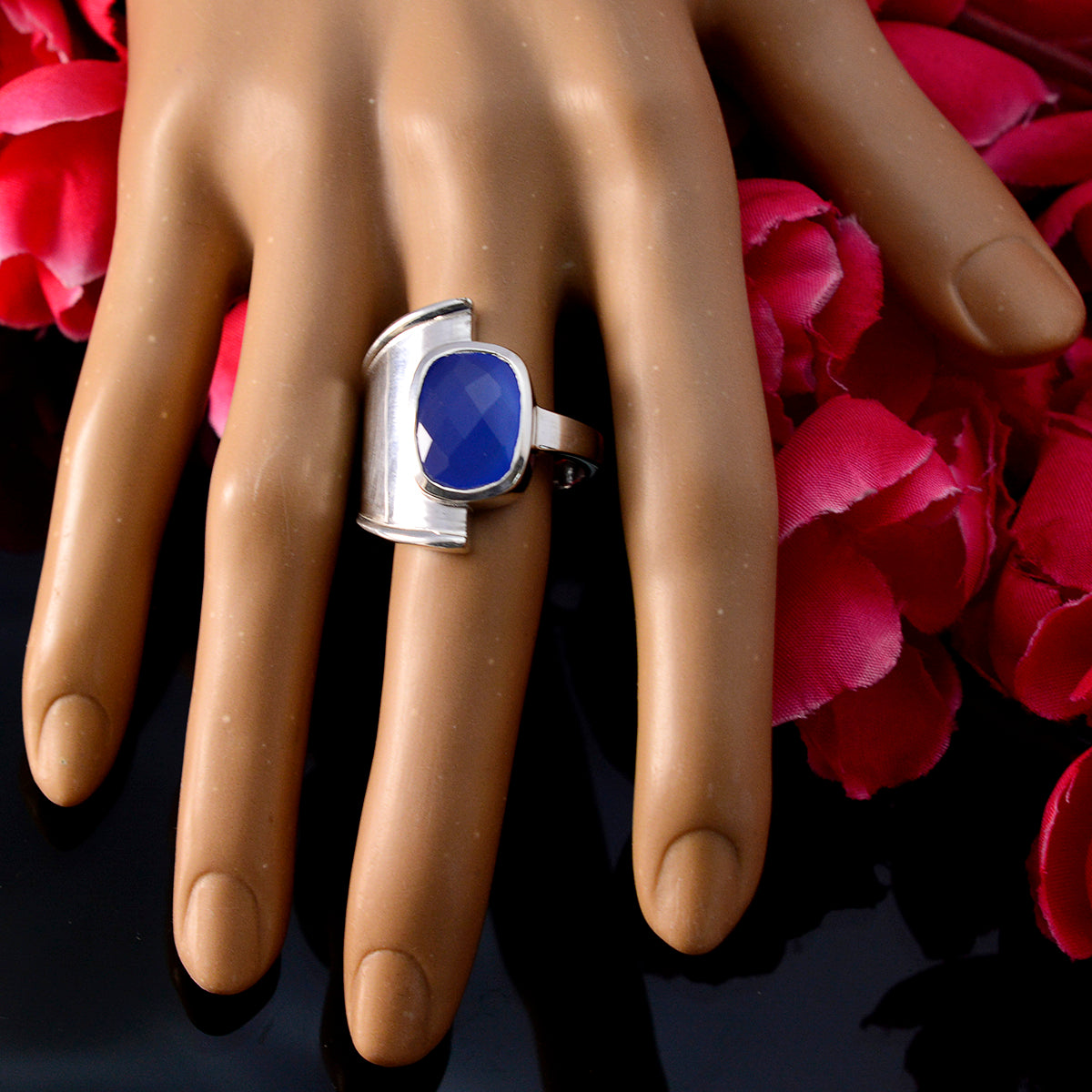 Hannah Blue Solitaire Ring with Sterling Silver Band