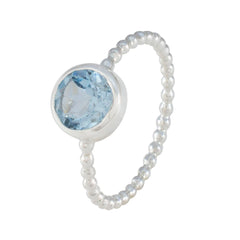 Rina Blue Solitaire Ring with Beaded Silver Band