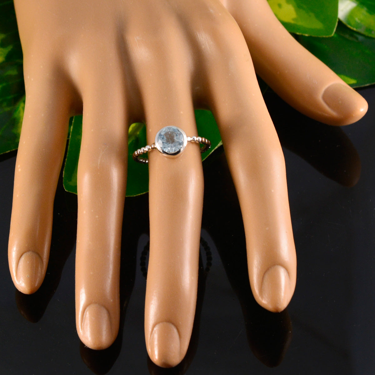 Rina Blue Solitaire Ring with Beaded Silver Band