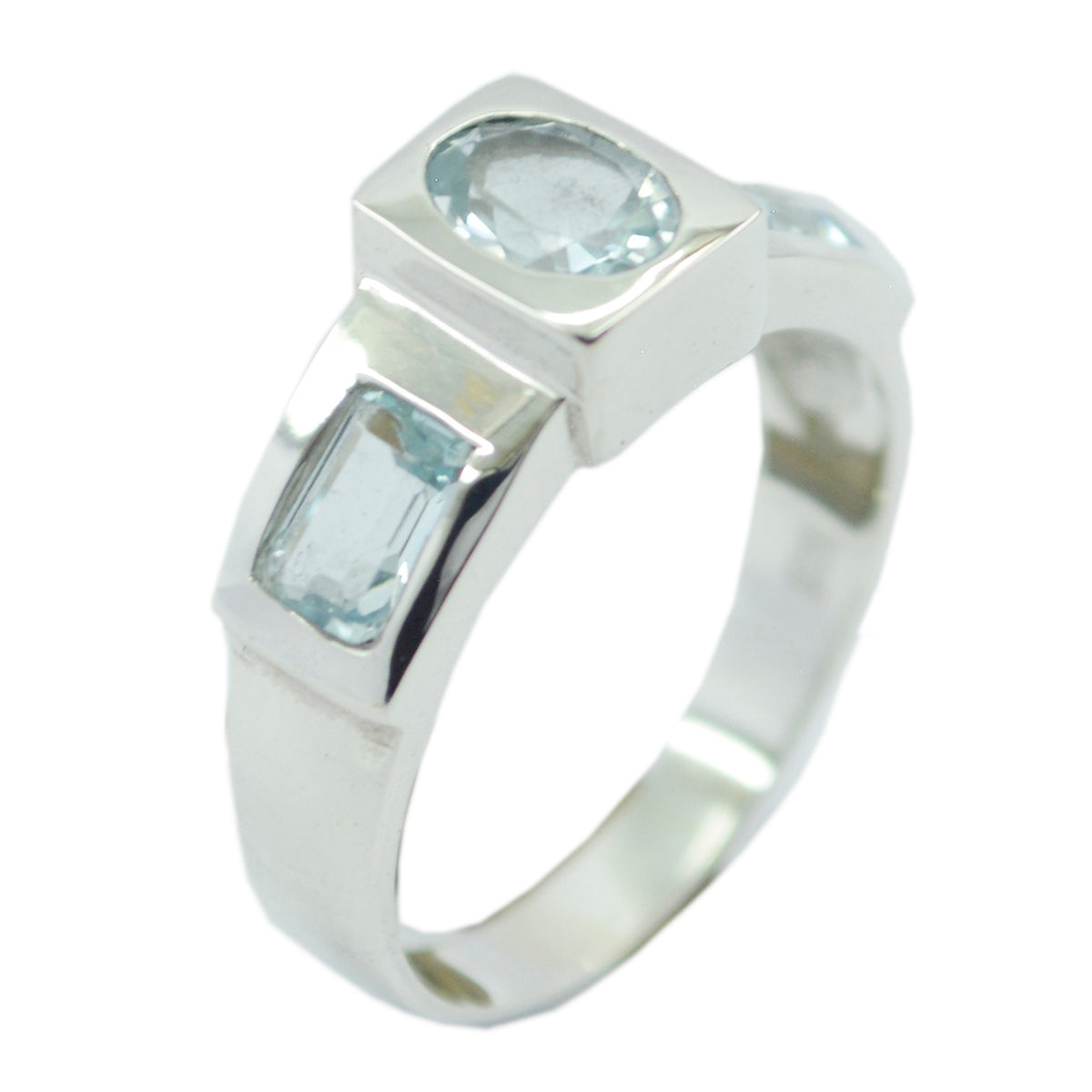 Ellie silver band with round center and two baguette aquamarine stones blue trilogy ring for women