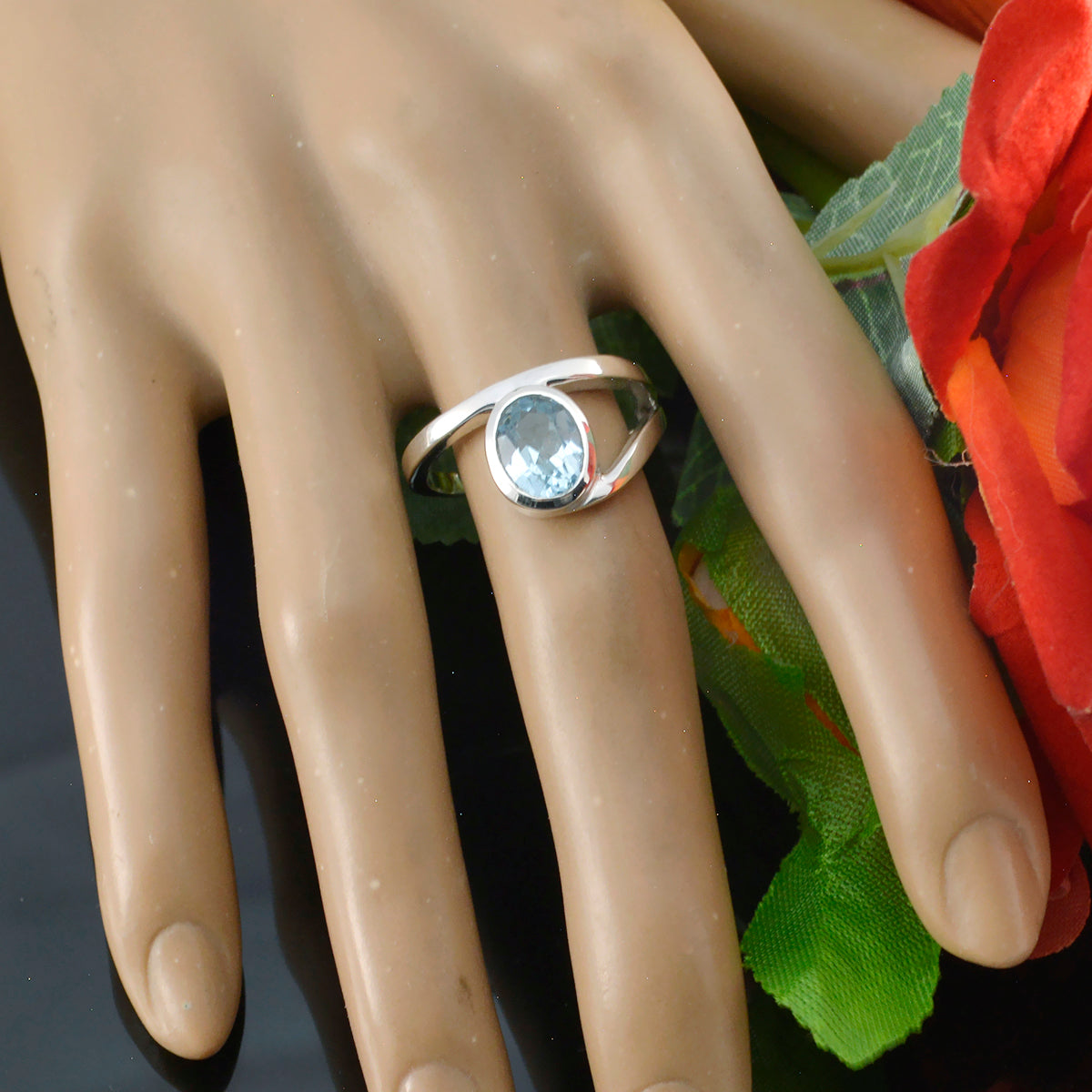 Lily Boho Blue Solitaire Ring with Silver Band