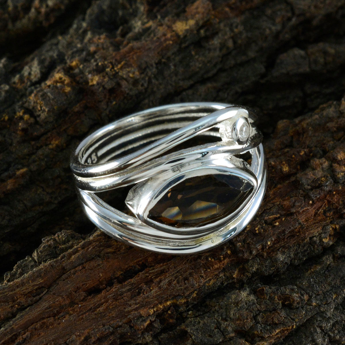 Victoria silver ring with marquise brown gemstone toi et moi ring design and small round accent diamond on bark
