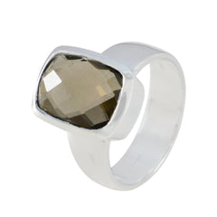 Lily brown solitaire ring with faceted cushion cut brown gemstone in wide sterling silver bezel band