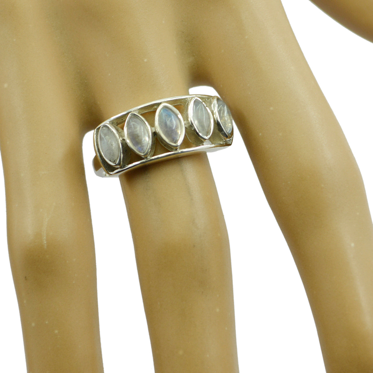 Araya contemporary white gemstone ring with multiple oval gemstones set in silver band on display finger
