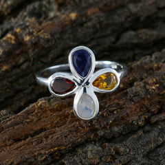 Olivia silver floral multicolor gemstone ring with teardrop blue red yellow and moonstone petals