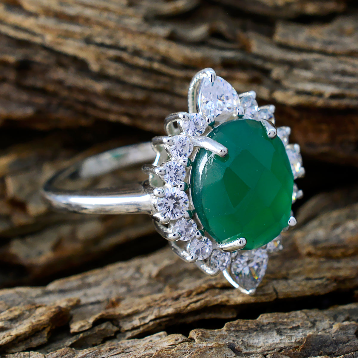 Valentina Green Gemstone Halo Ring with Silver Band