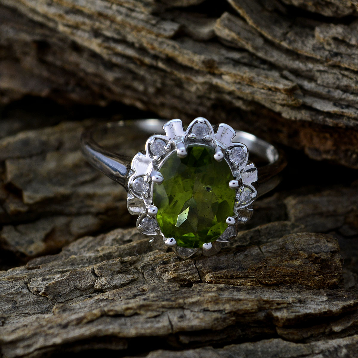Maria Elegant Green Gemstone Halo Ring in Sterling Silver