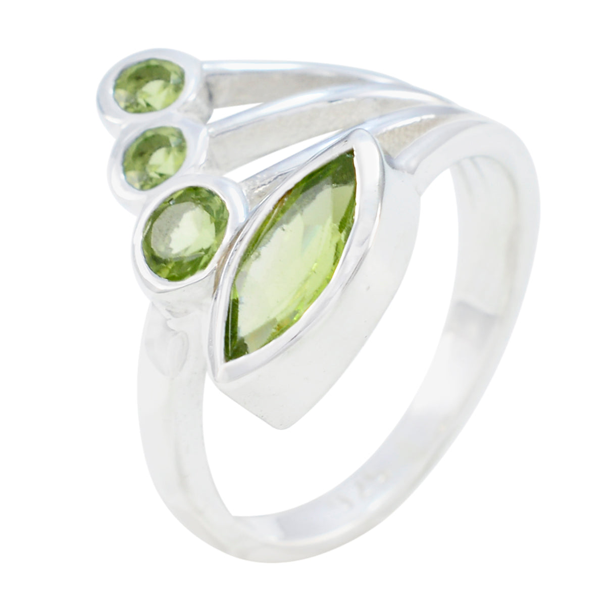 Camila sterling silver green gemstone ring for women with marquise peridot center and three round peridot accents