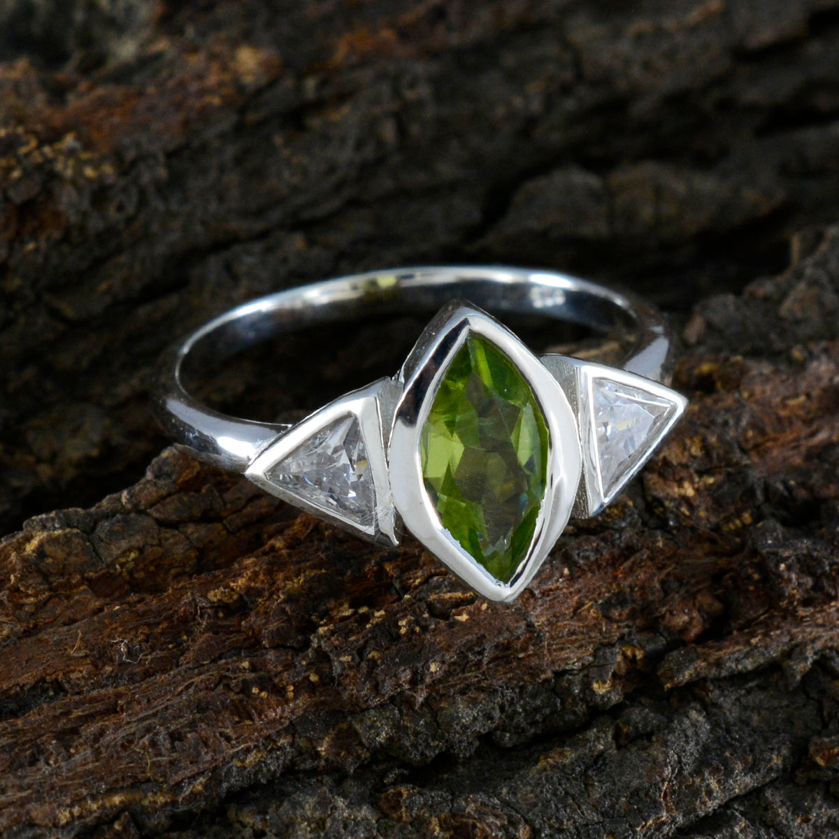 Putri silver green gemstone ring for women with marquise-cut center stone and triangular side stones