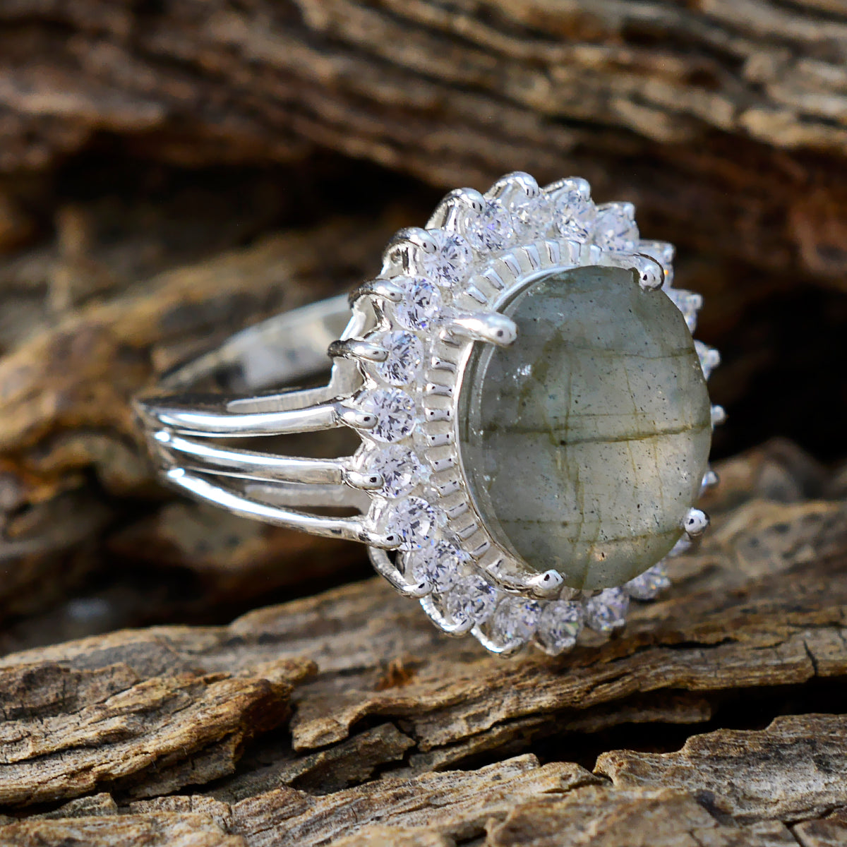 Scarlett Grey Gemstone Halo Ring with Silver Band