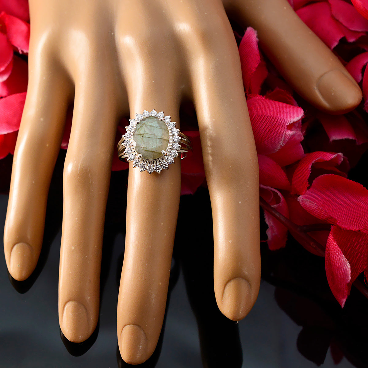 Scarlett Grey Gemstone Halo Ring with Silver Band