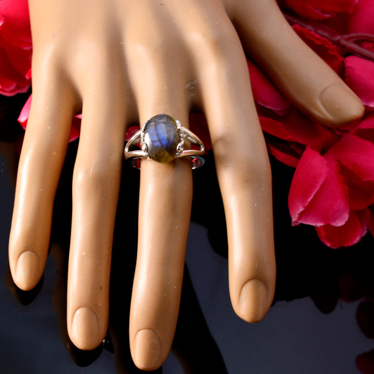 Ida Grey Solitaire Ring India with Labradorite Gemstone