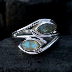 Isabel abstract grey toi et moi ring sterling silver with two marquise labradorite stones and iridescent blue flash